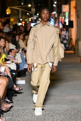 Model on runway wearing Privacy Policy at New York Fashion Week S/S 2023