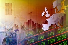 Europe map, cash euro bills and stock market indicators