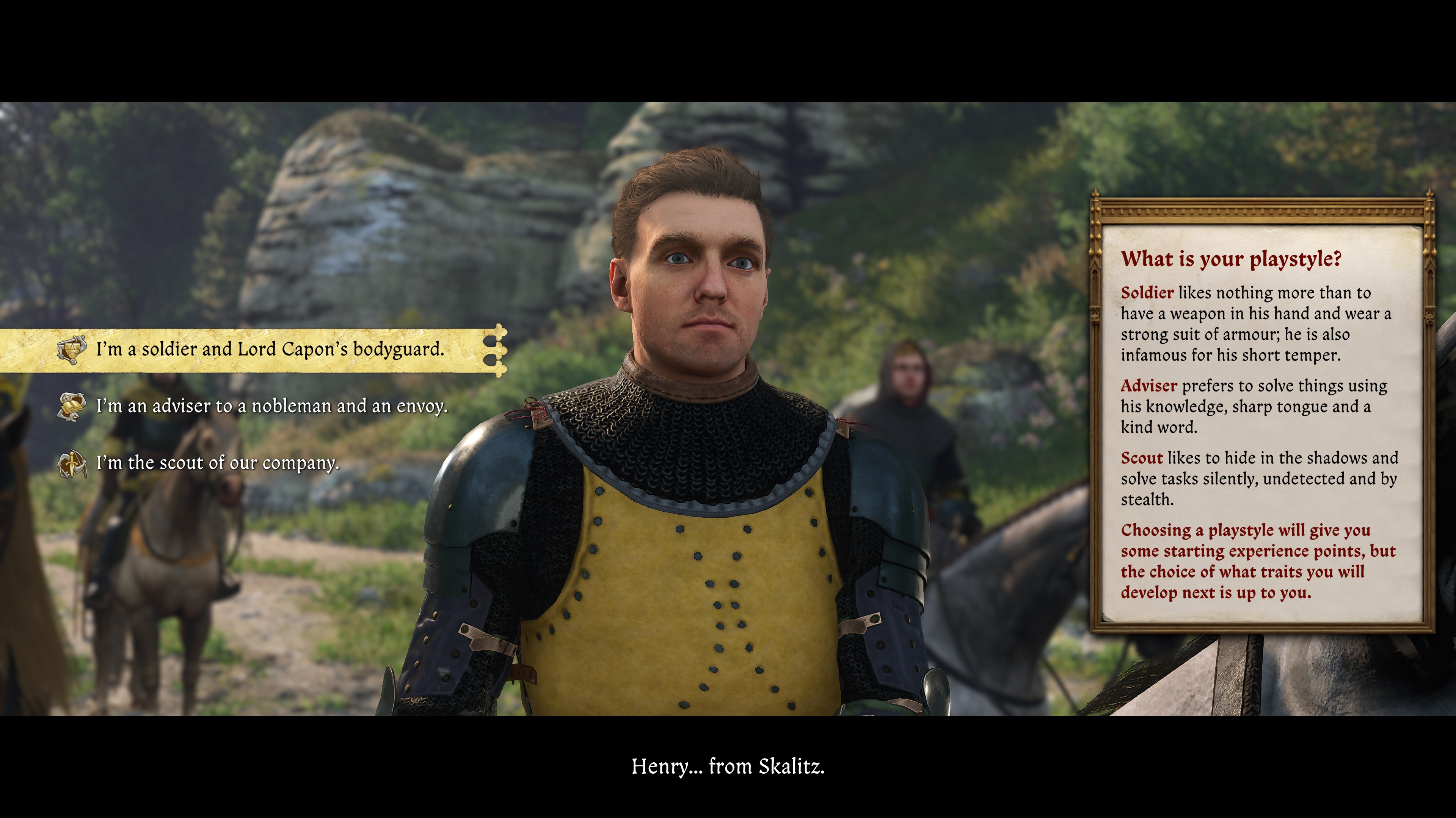 Choosing whether Henry is more of a fighter, diplomat, or stealthy type.