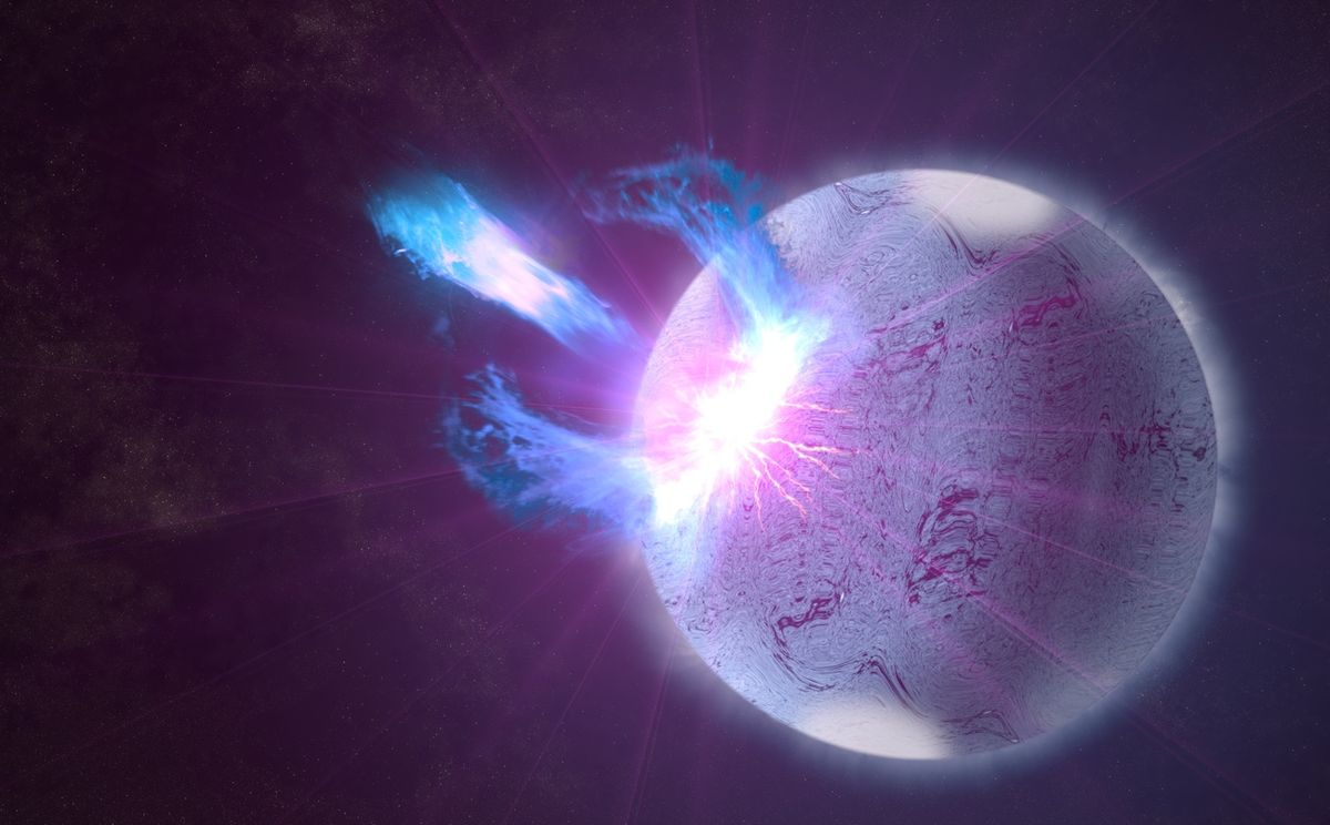 Bursts of energy shoot from this artist&#039;s conception of a magnetar.