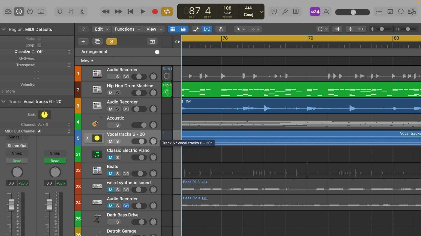 Captura de tela do editor de áudio Apple Logic Pro X