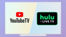 A graphic of a TV with its screen split by logos of YouTube TV and Hulu + Live TV