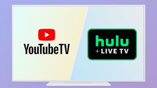 A graphic of a TV with its screen split by logos of YouTube TV and Hulu + Live TV