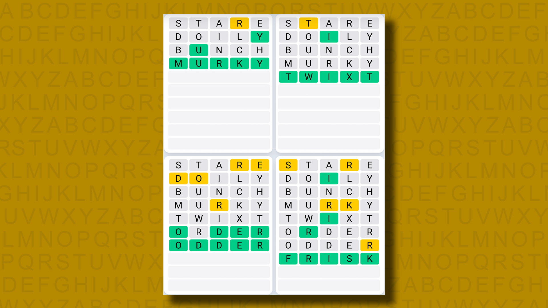 Quordle Daily Sequence answers for game 941 on yellow background