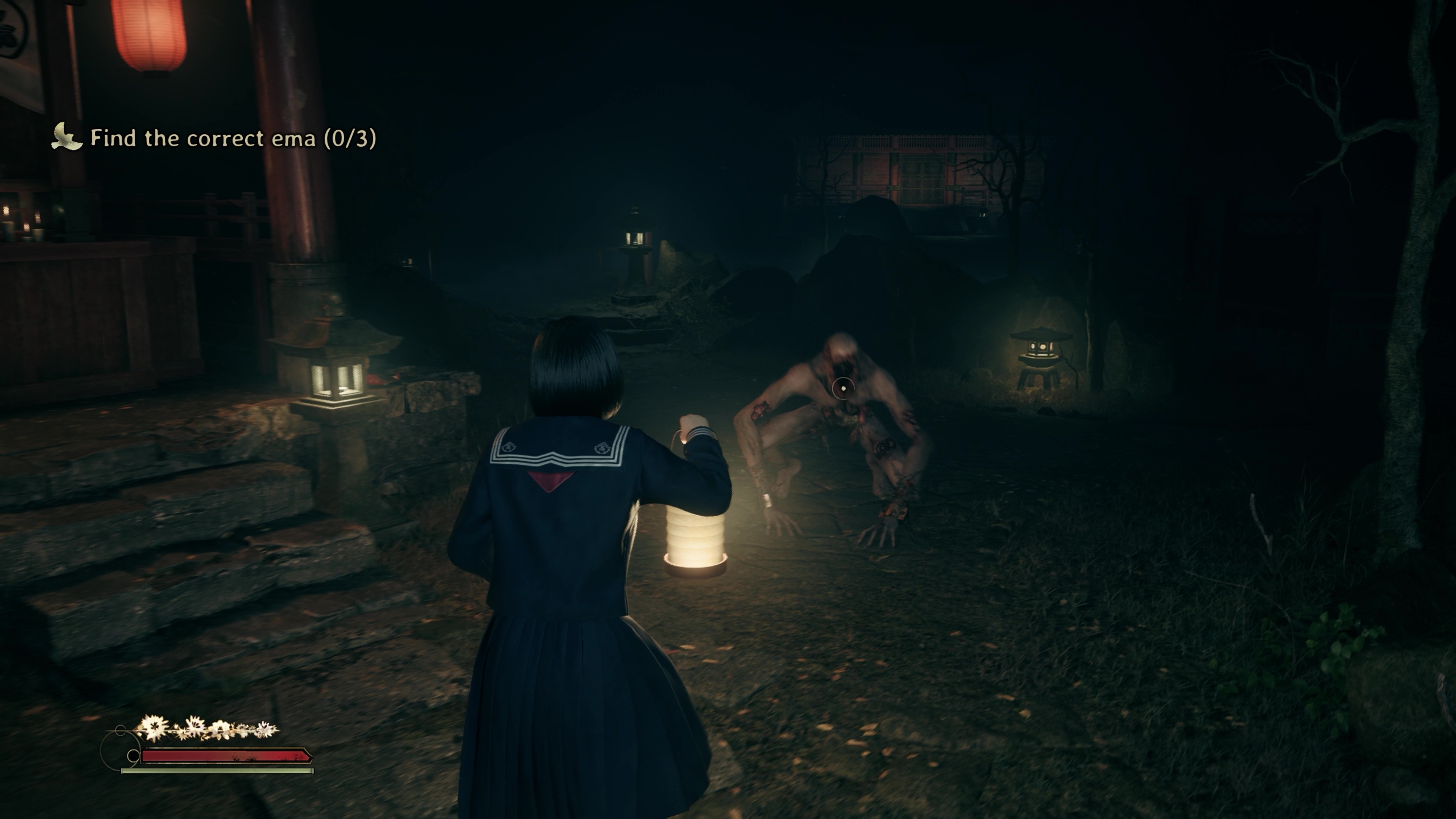 Hinako looks at an approaching faceless enemy in Silent Hill f that hunts via sound