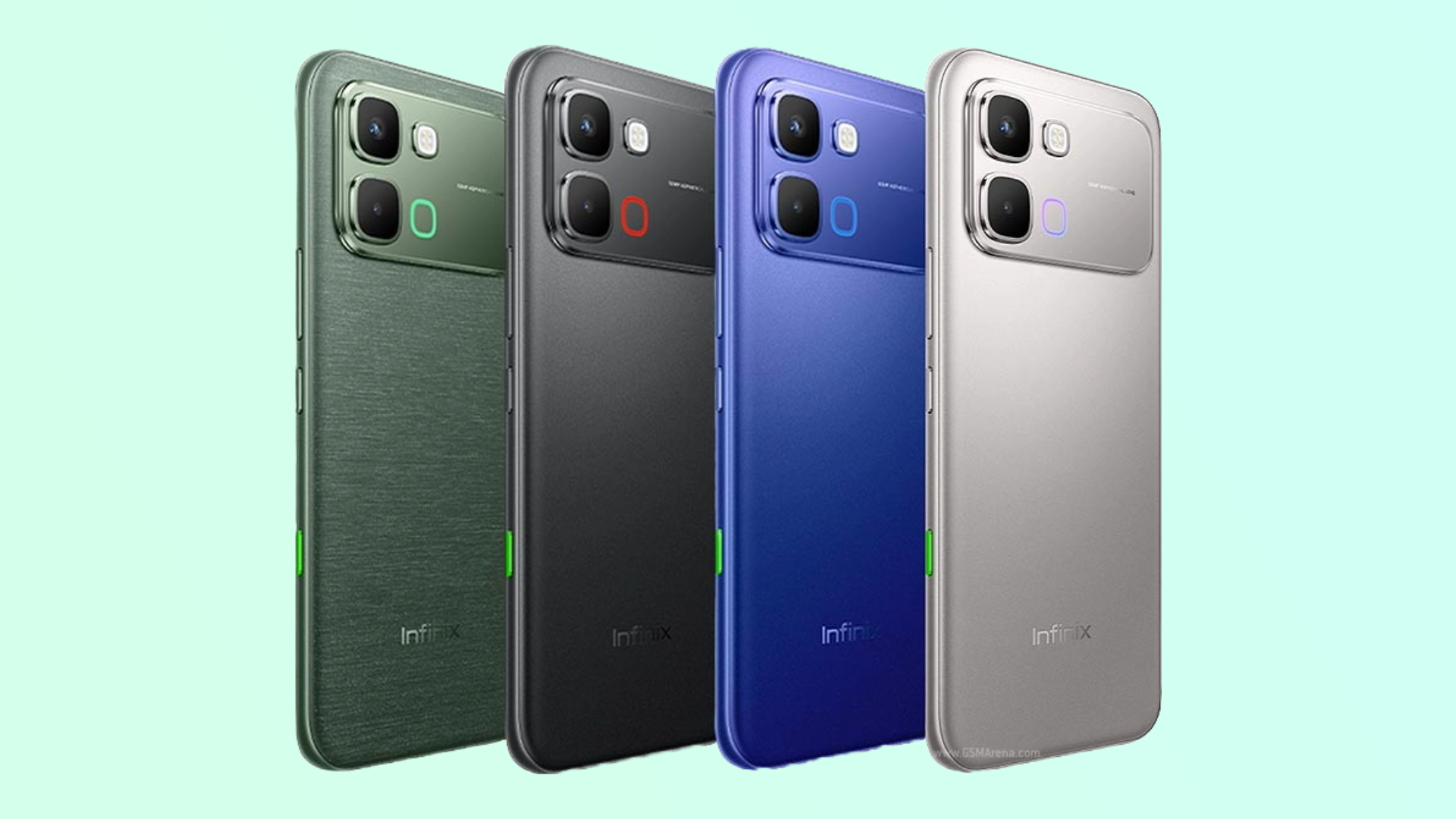 The Infinix Note Edge in green, black, blue, and silver