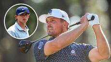 Bryson DeChambeau after hitting a driver at the US Open, with an inset image of Gordon Sargent who ranked first for driving distance in round one