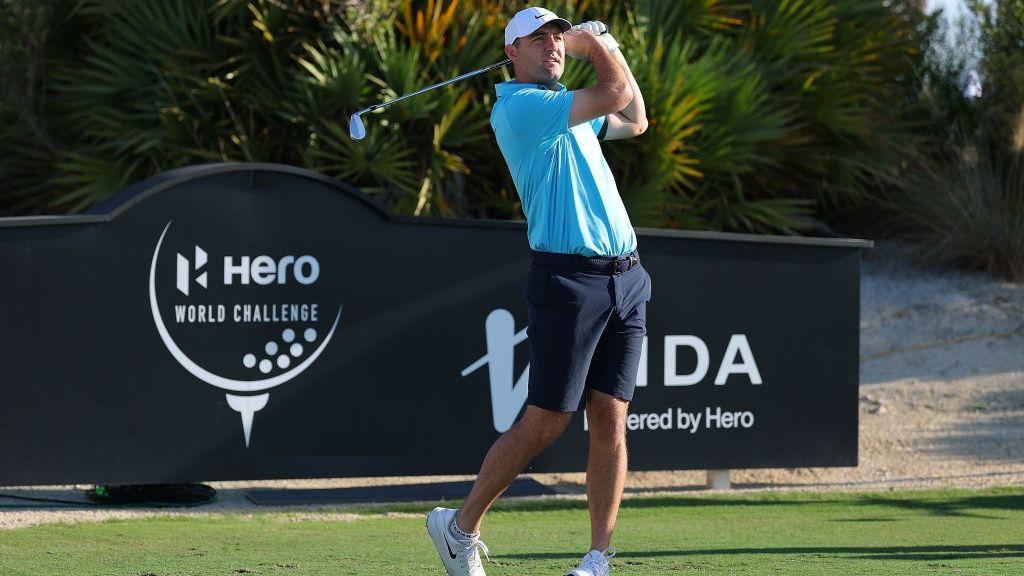 Scottie Scheffler tees off the second hole during a pro-am prior to the Hero World Challenge 2024 at Albany Golf Course.