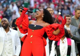 During the pre-game, Sheryl Lee Ralph, singer and star of ABC’s “Abbott Elementary,” delivered a historic performance of “Lift Every Voice and Sing”