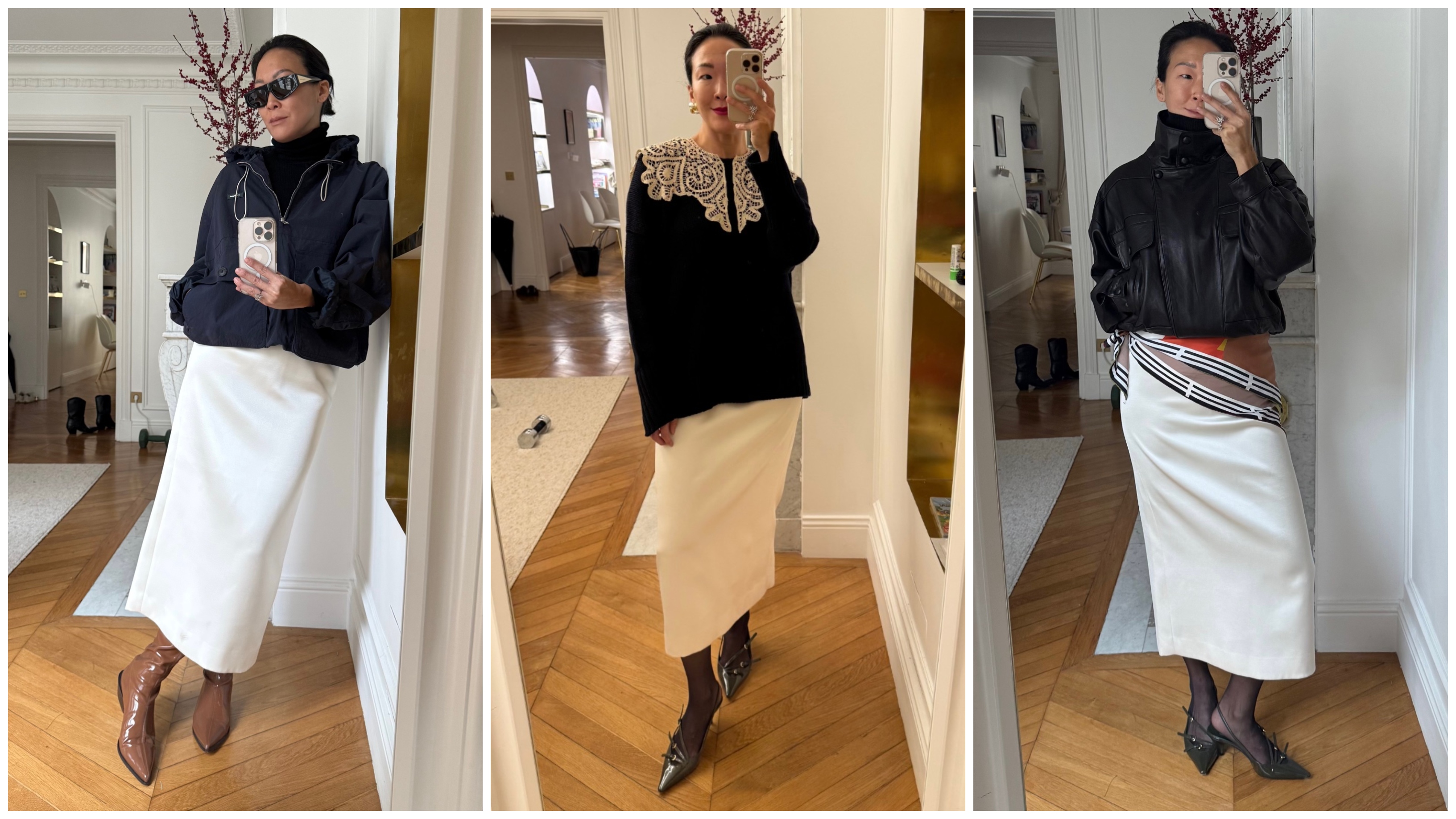 collage of Irene Kim wearing pencil skirts 