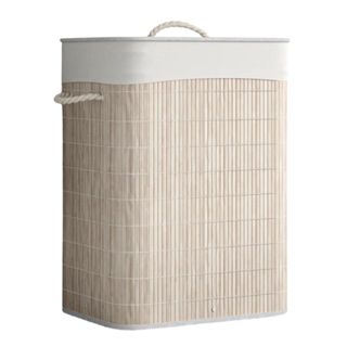 A bamboo laundry hamper with rope handles and removable lid