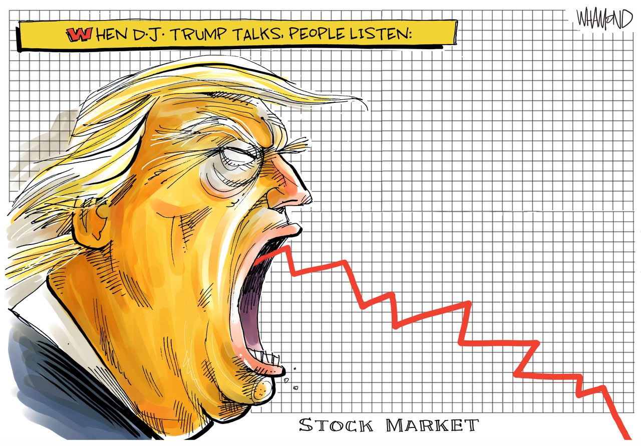 Political Cartoon U.S. Trump speaks stocks drop coronavirus NYSE Dow Jones