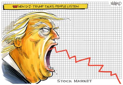 Political Cartoon U.S. Trump speaks stocks drop coronavirus NYSE Dow Jones