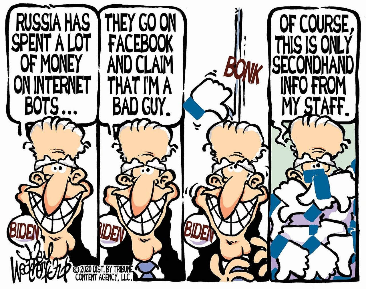 Political Cartoon U.S. Joe Biden Facebook Russia bots election interference unconfirmed data