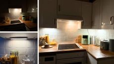 Collage image of a kitchen with Amazon under cabinet kitchen lights illuminating countertops