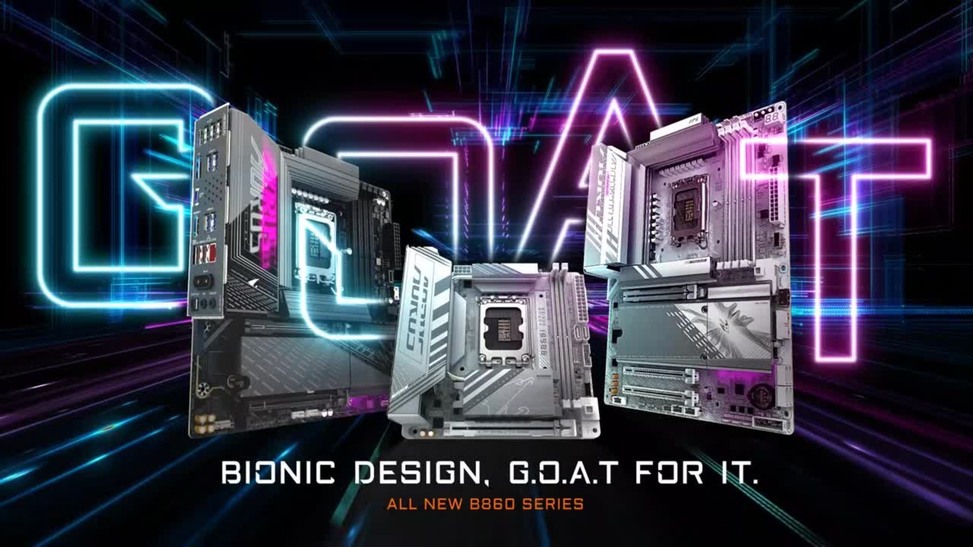 A marketing image showing three sizes of Gigabyte B860 motherboards
