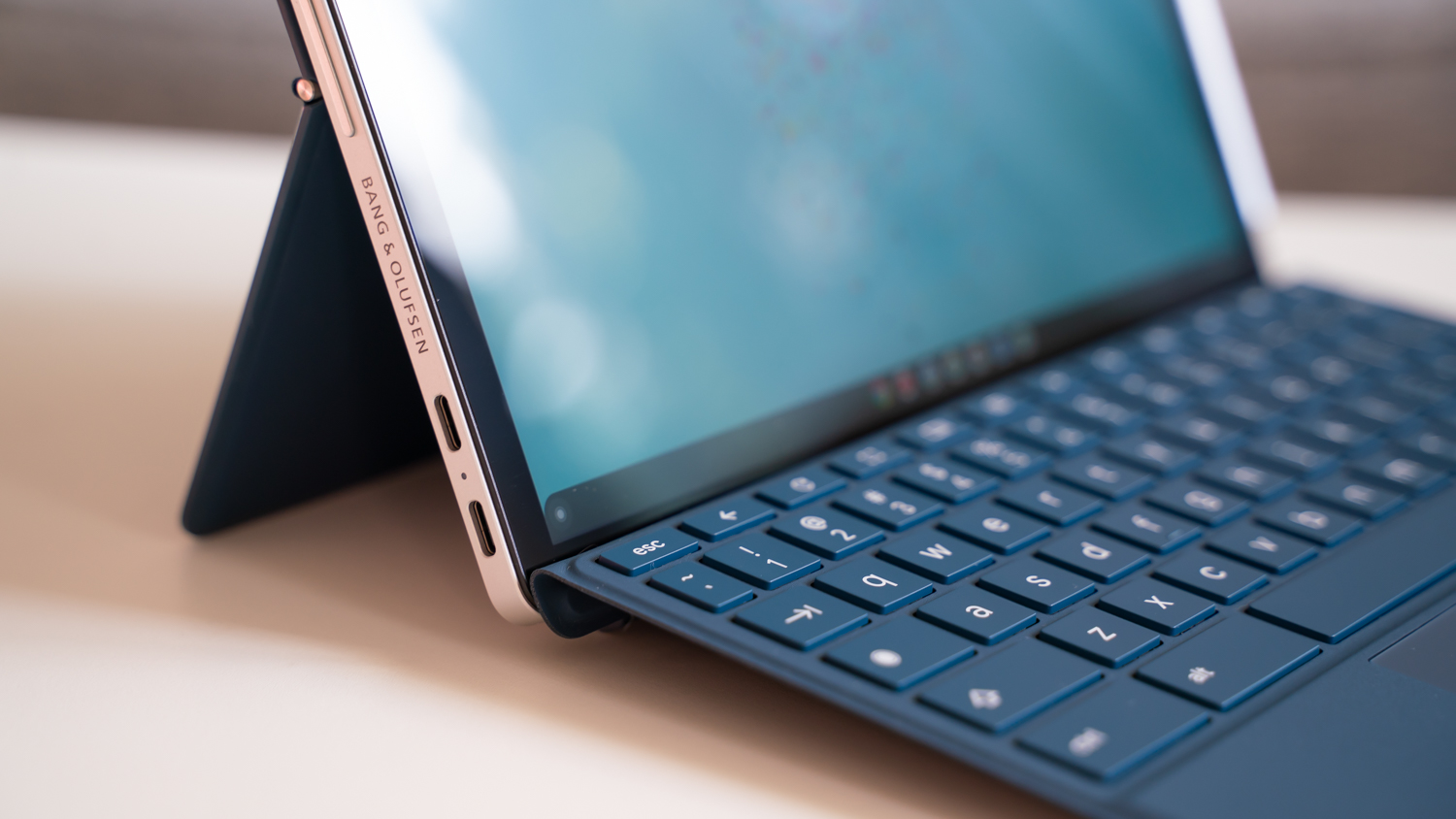 HP Chromebook x2 on a table with the desktop open