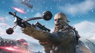 Chewbacca in Fortnite, aiming his Bowcaster weapon as lasers fly in the background