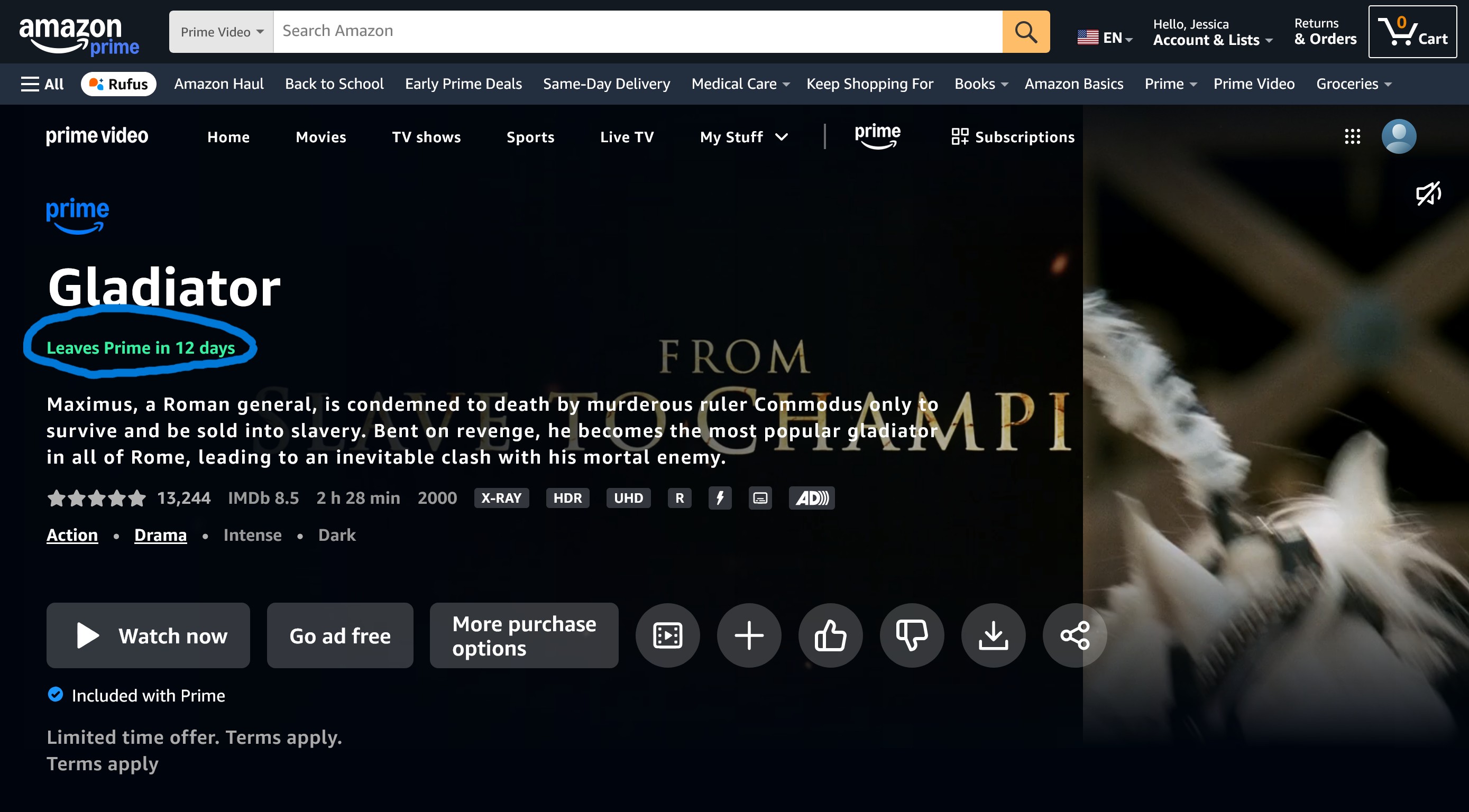 Prime Video Gladiator movie listing with Leaves Prime in 12 days text circled 