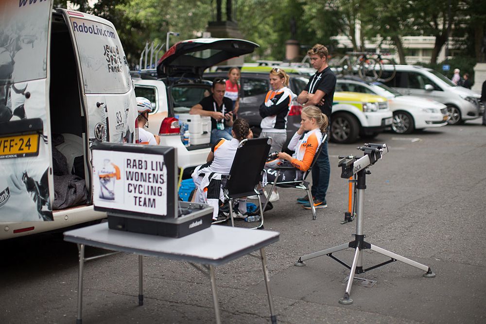 The Rabo-Liv Cycling Team holds a last team meeting before the start of the Prudential RideLondon Classique