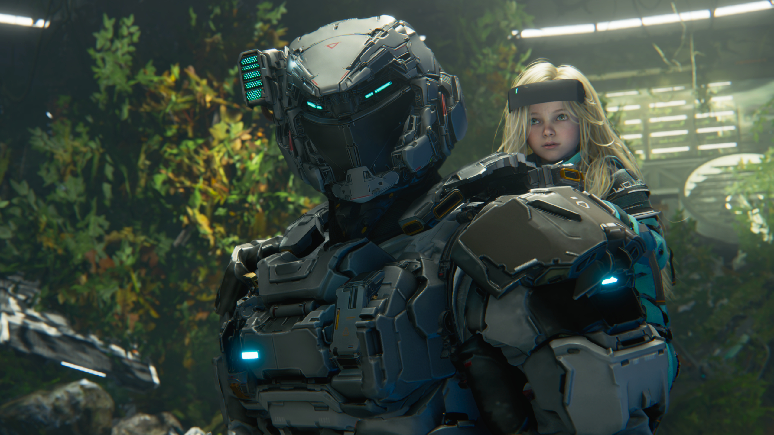 Pragmata Red Zone Gate Keys: Hugh and Diana looking towards the camera, standing inside a verdant atrium.