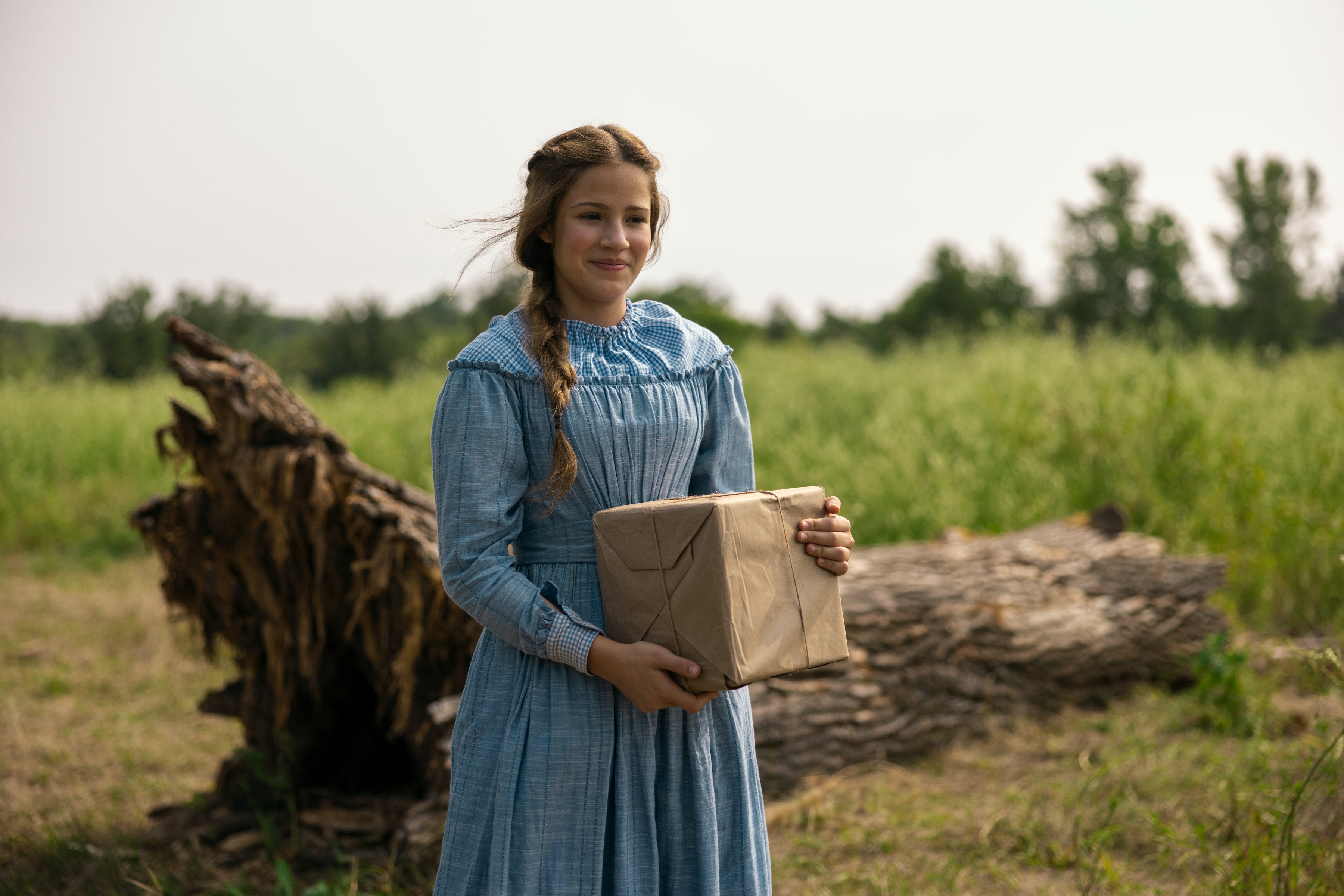 Actress Skywalker Hughes as Mary Ingalls holds a. box while standing outdoors in a prairie in front of a large log, in Netflix's 'Little House on the Prairie.'