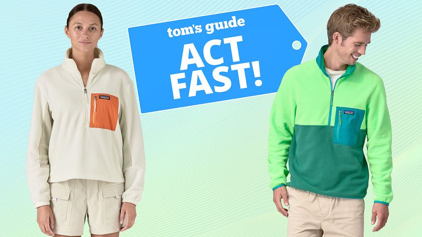 Two models standing against a colorful background each wearing a Microdini 1/2-Zip Fleece Pullover; there&#039;s a Tom&#039;s Guide &#039;Act Fast&#039; badge separating them