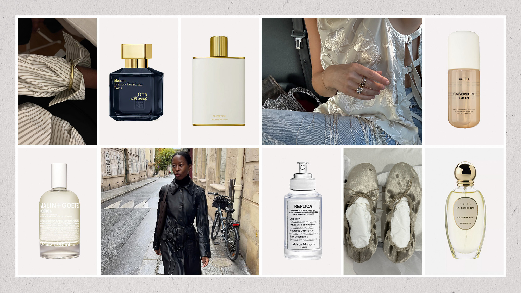 A collage of perfumes and stylish winter outfits