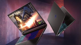 Acer Nitro 16S AI slim gaming laptop against a red background.