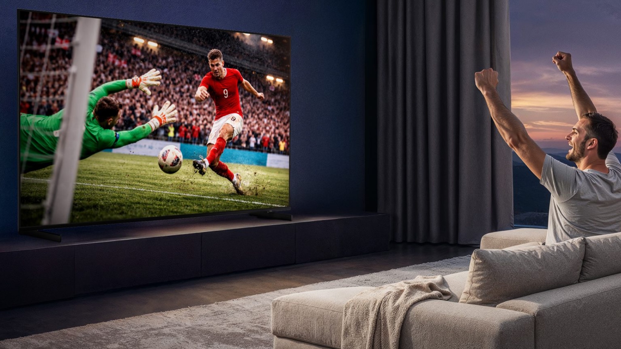 A man watching soccer on the samsung R85H