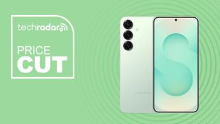 Samsung Galaxy S25 in mint green on green background with price cut text overlay