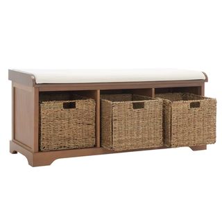 storage bench with upholstered seat and three wicker drawers