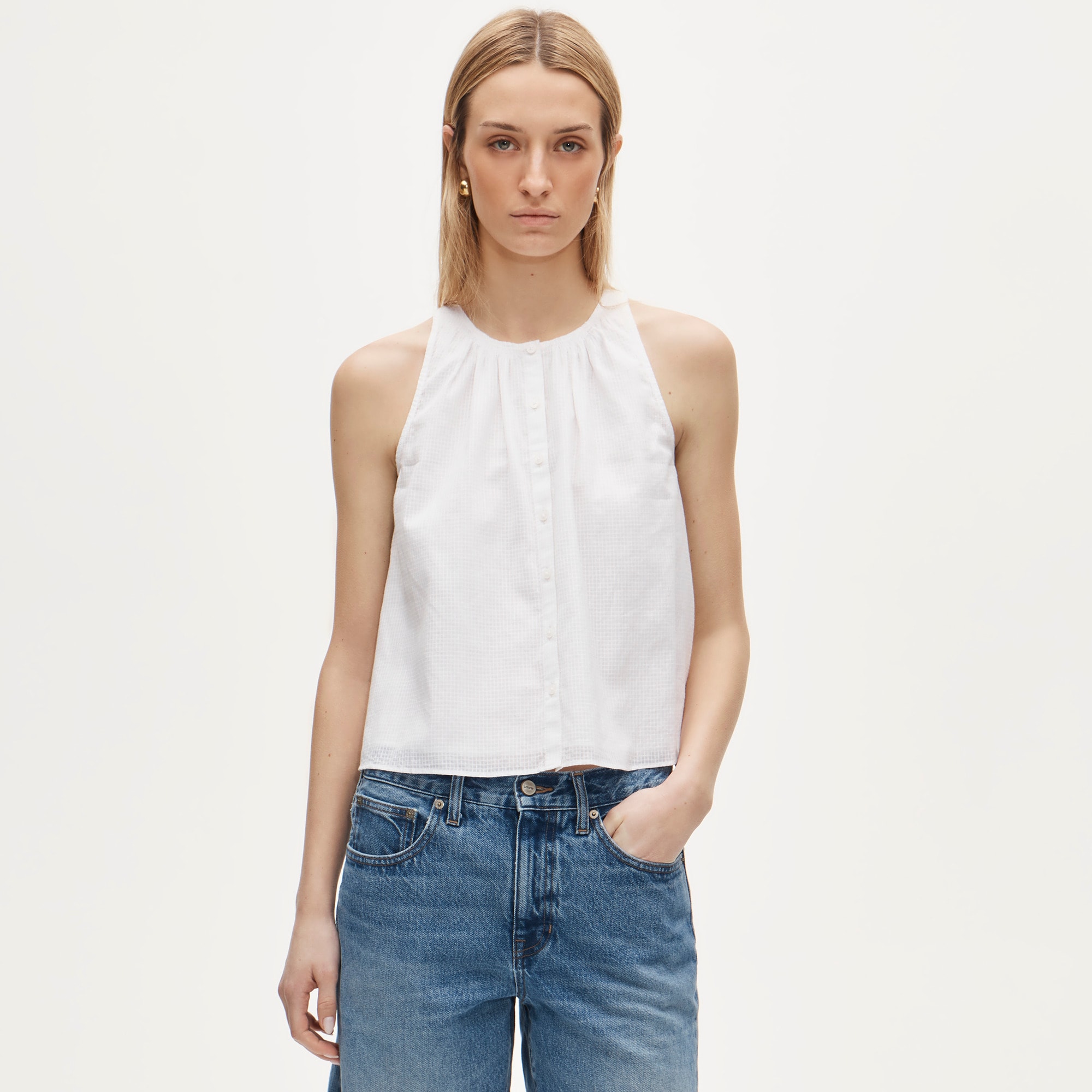 High-Neck Tank Top in Textured Cotton Voile