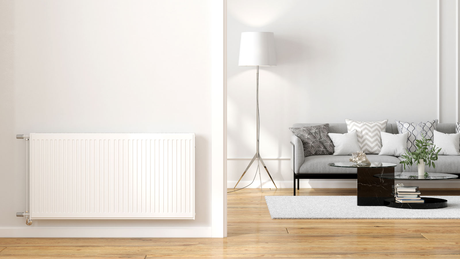 Contemporary white room with lamp, rug, and sofa in background and white radiator on wall in foreground