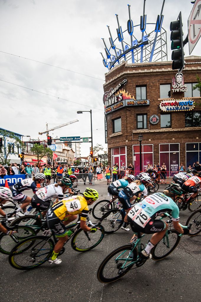Race leader Brianna Walle and the women&rsquo;s field flies past scenic Calhoun Square.