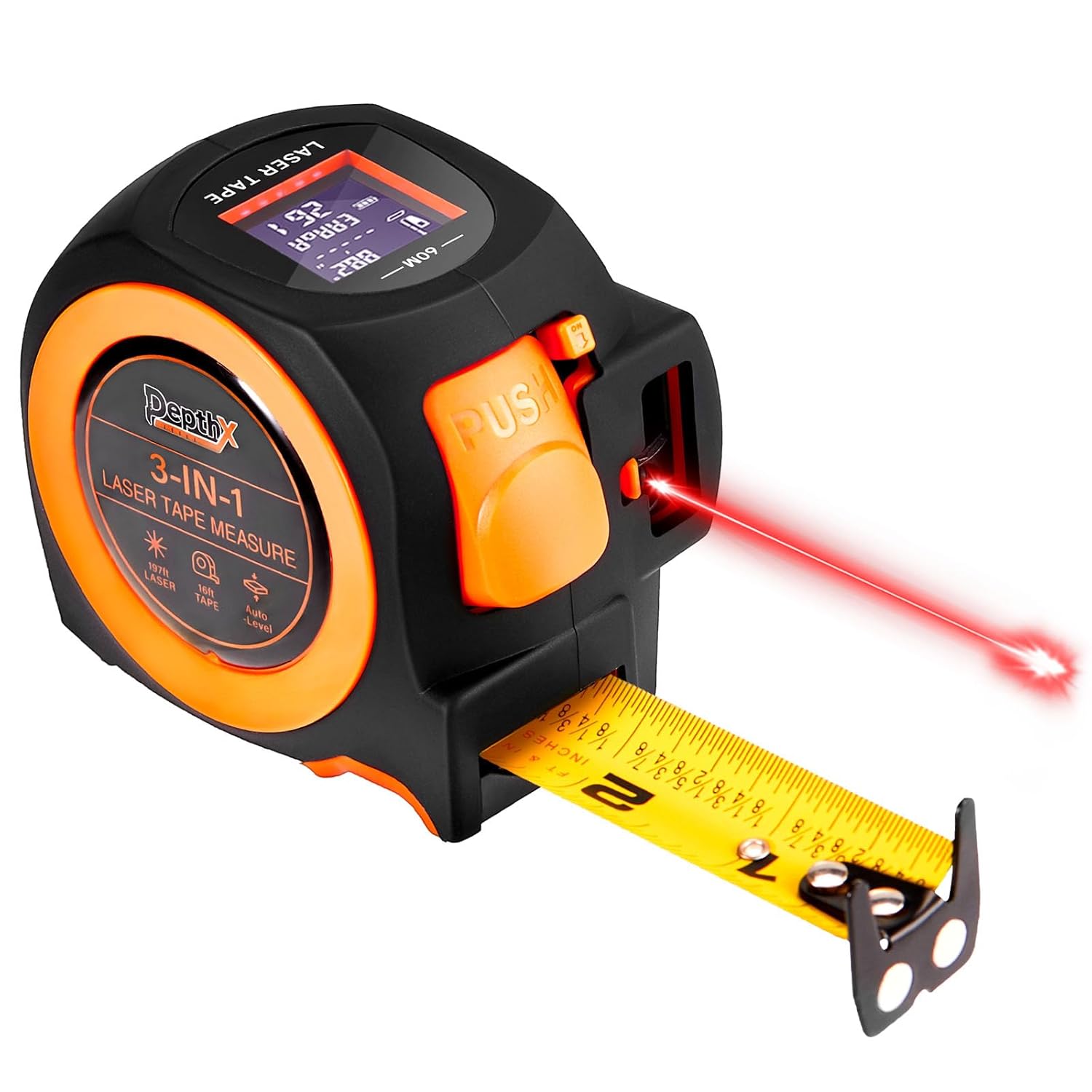 3-In-1 Laser Tape Measure, 197ft Laser Distance Meter, 16ft Digital Tape Measure, Digital Level, Pythagorean/area/volume, Rechargeable, Ft/ft+in/in/m Units, 40 Data Sets