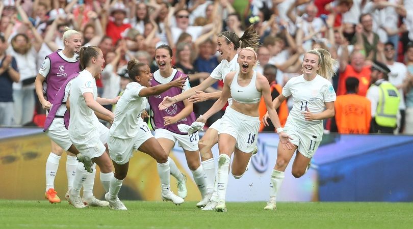 Chloe Kelly celebrates her extra-time goal for England&#039;s women against Germany in the Euro 2022 final.