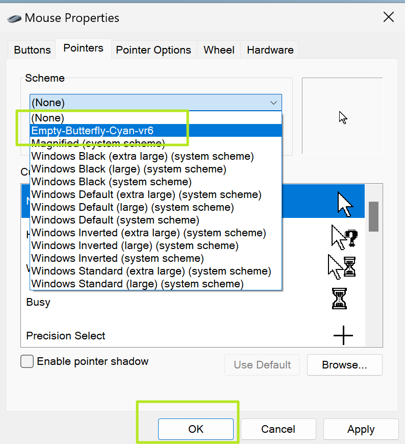 select pointer scheme