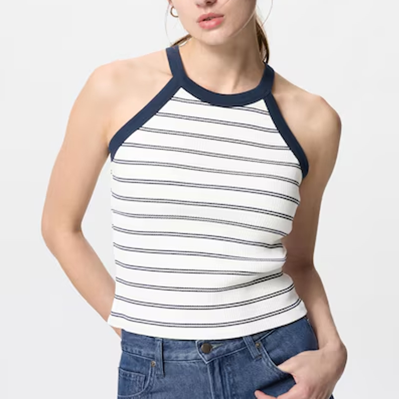 model wearing a striped halterneck top, uniqlo