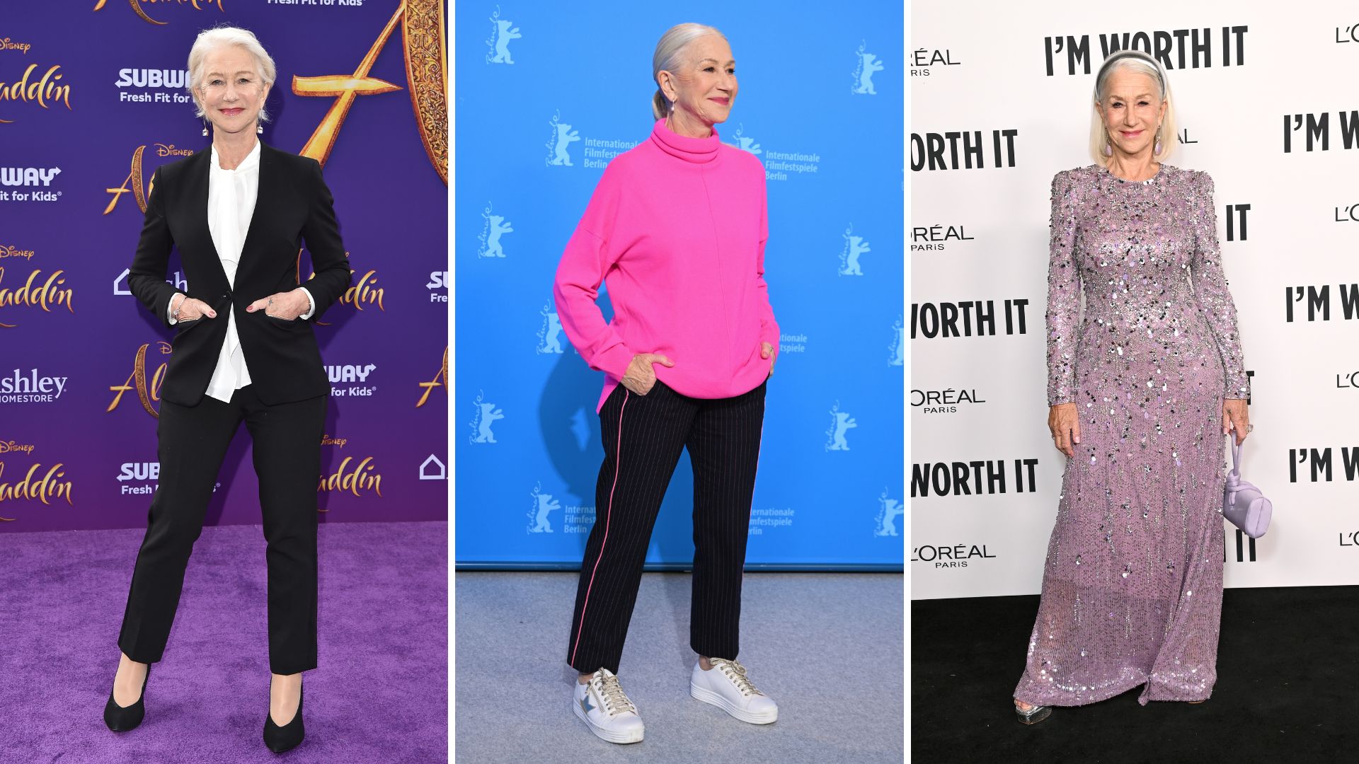 Three images of Helen Mirren wearing Sole Bliss shoes