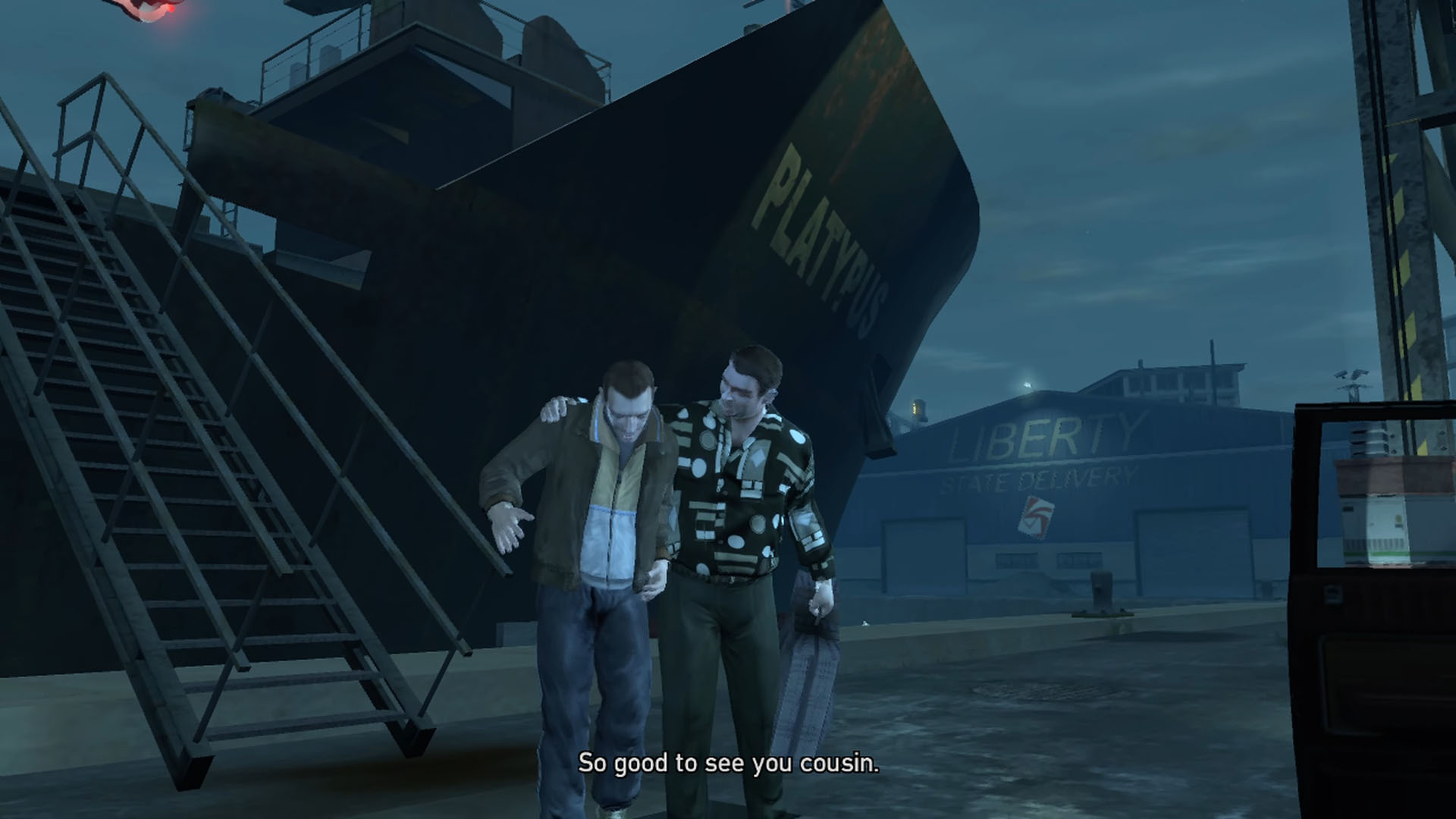 Roman welcomes Niko off the boat to Liberty City in GTA 4