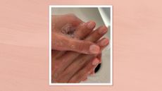 A close-up of someone washing their hands, with their nails featuring a peach French tip manicure by nail artist, Fliss Alton (@gelsbyfliss)/ featured in a peach template