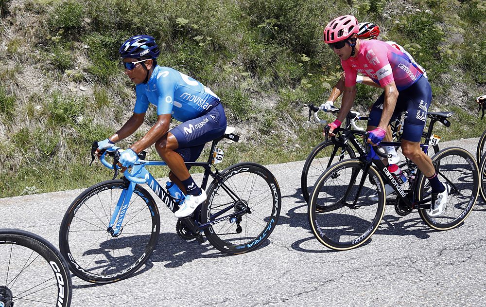 Nairo Quintana (Movistar) and Michael Woods (EF Education First) in the breakaway stage 18