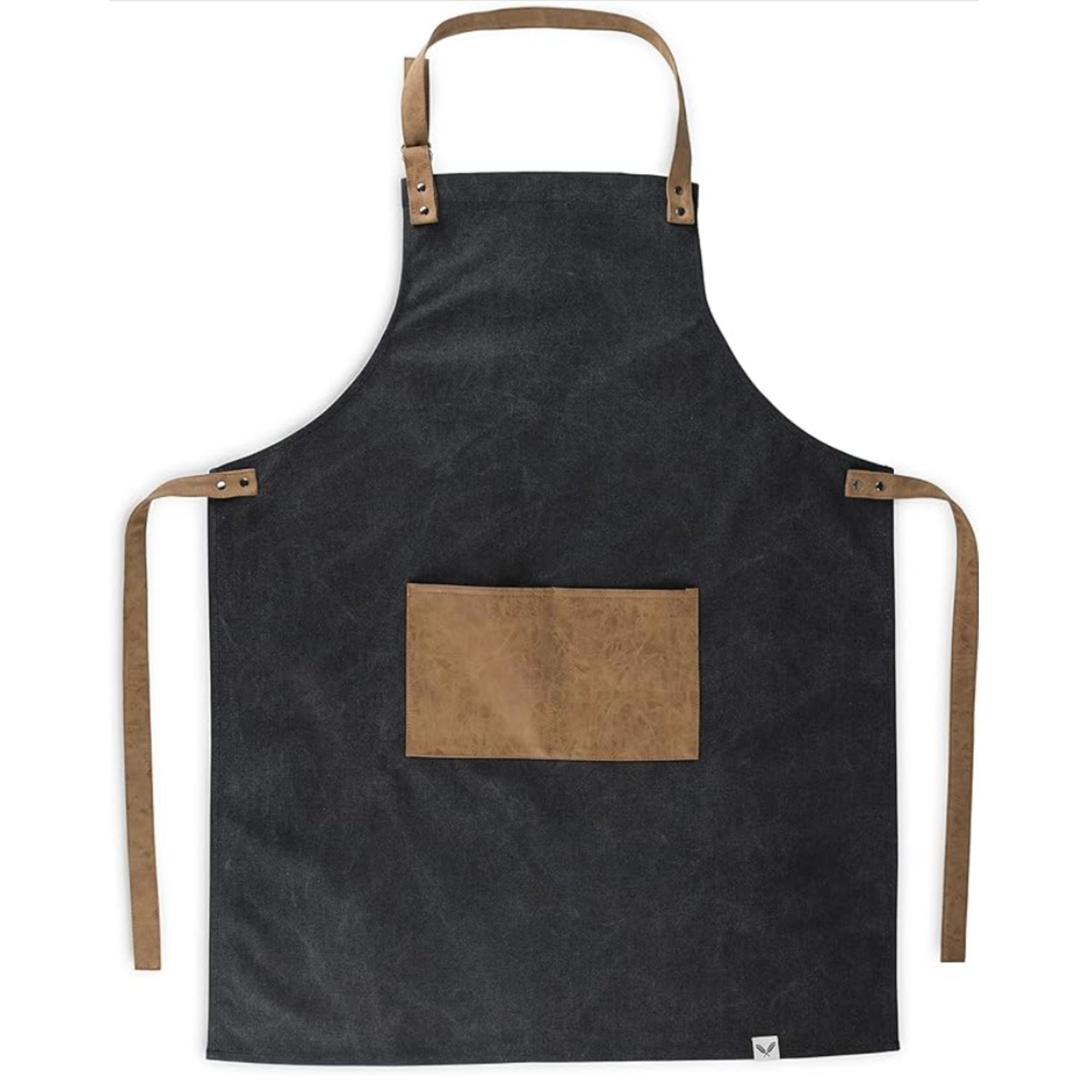 Black canvas apron with brown faux leather pocket and straps