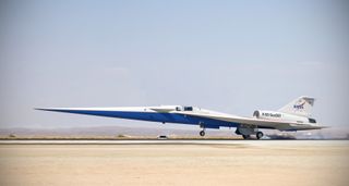 An illustration of the X-59 supersonic plane landing on a runway.