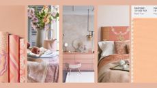 Compilation image showing different rooms with elements of peach to highlight Pantone color of the year 2024 for home