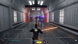 Star Wars Jedi Survivor Nova Garon Cal retreating from an Imperial Sentry Droid and red laser forcefield barriers moving down a corridor