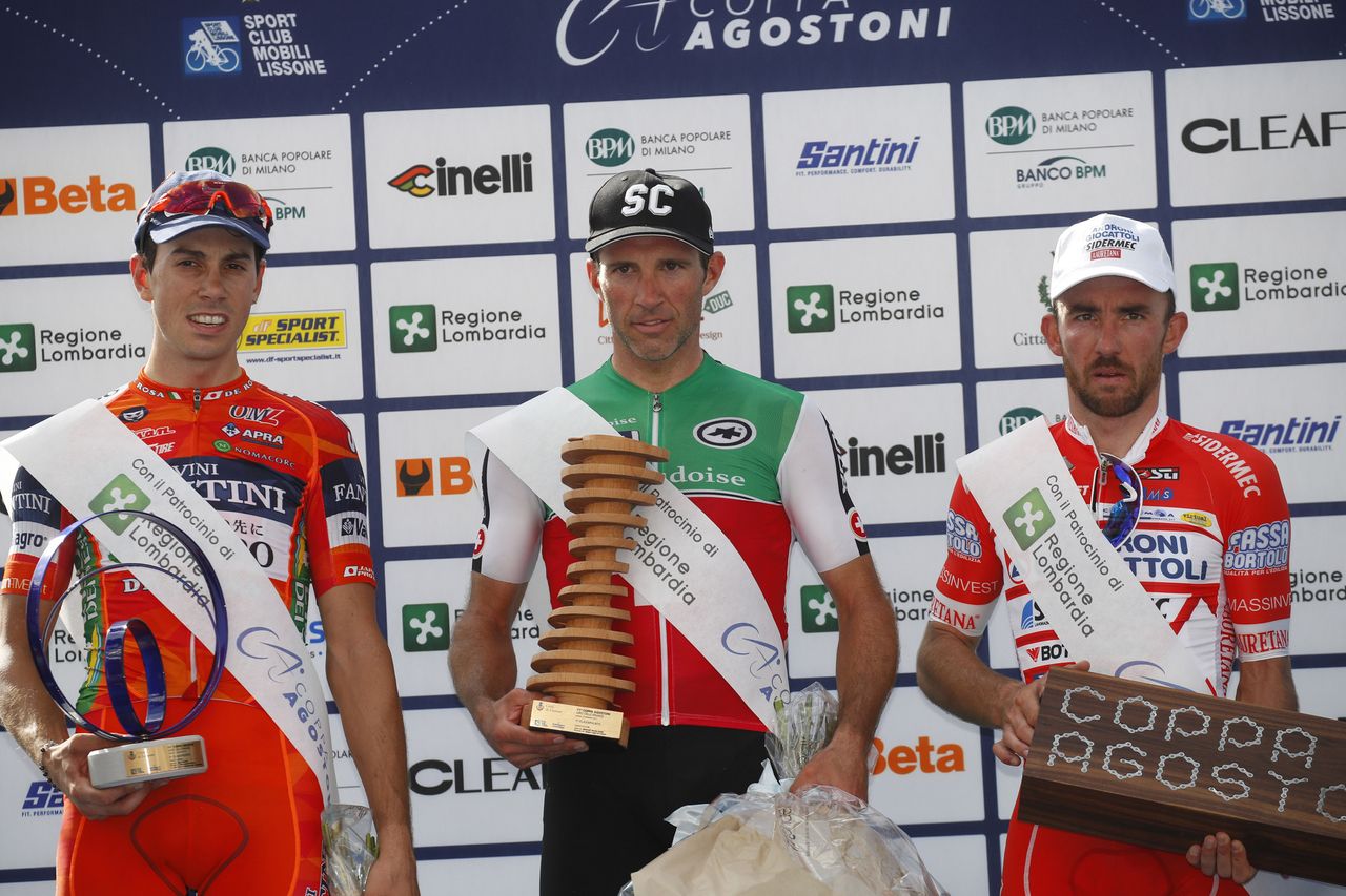 Michael Albasini (Switzerland) with Marco Canola and Francesco Gavazzi on the podium