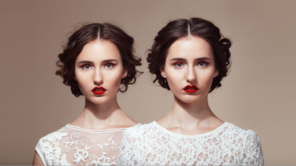 Two Identical Women in Slightly Different White Dresses