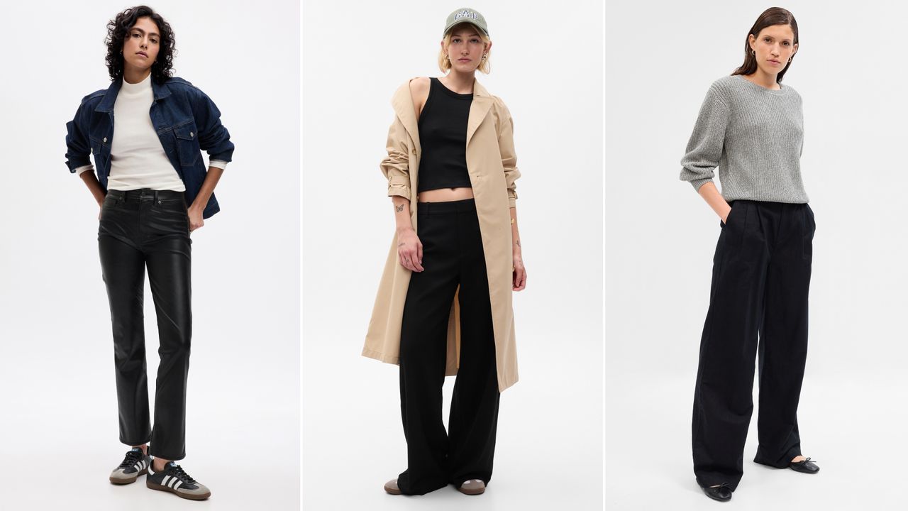 Split image of Gap leather pants, wide-legged high waisted trousers, and shaker-stitch crewneck 